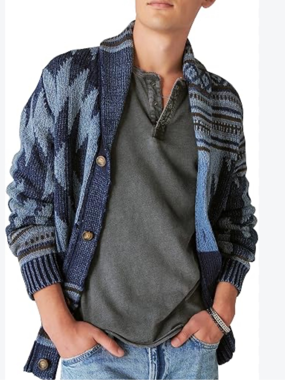 Lucky Brand Men's Southwestern Aztec Shawl Blue Patterned Knit Cardigan Sweater - Picture 2 of 10